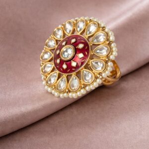 red meenakari kundan floral statement ring with pearls for women | gold plated adjustable ethnic ring
