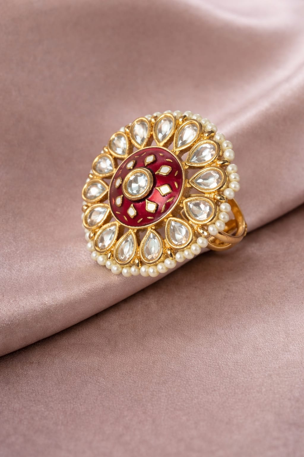 red meenakari kundan floral statement ring with pearls for women | gold plated adjustable ethnic ring red meenakari kundan floral statement ring with pearls for women | gold plated adjustable ethnic ring