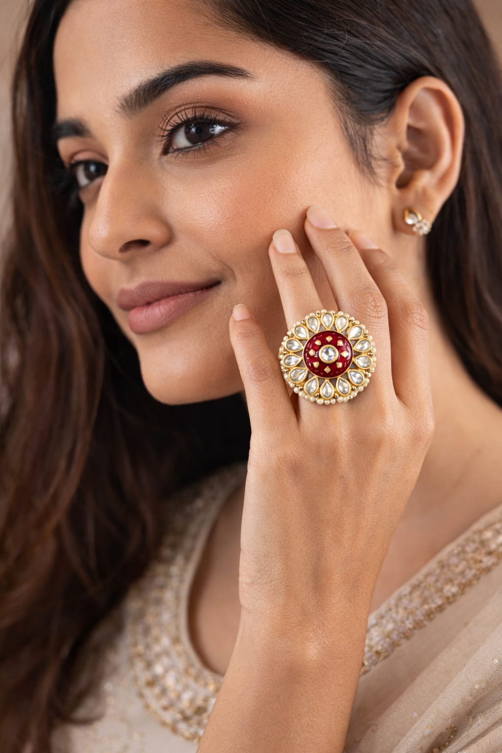 red meenakari kundan floral statement ring with pearls for women | gold plated adjustable ethnic ring red meenakari kundan floral statement ring with pearls for women | gold plated adjustable ethnic ring