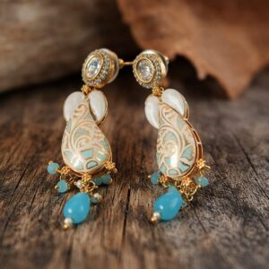 sky blue meenakari kundan long drop earrings with beads for women | gold plated designer ethnic earrings