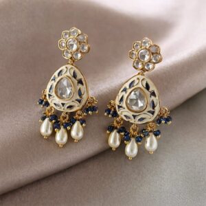 white blue meenakari kundan drop earrings with pearl danglers for women | gold plated designer ethnic earrings