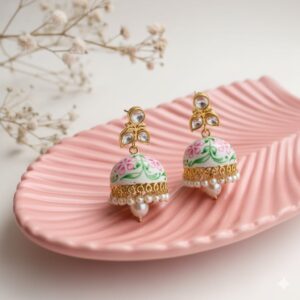 white floral meenakari jhumka earrings with pearls for women | gold plated kundan ethnic drop earrings