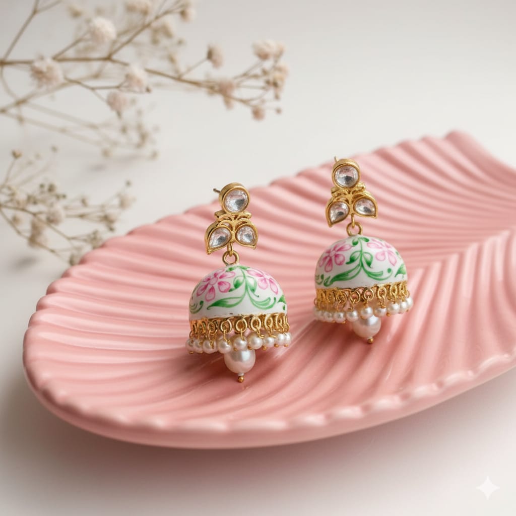white floral meenakari jhumka earrings with pearls for women | gold plated kundan ethnic drop earrings white floral meenakari jhumka earrings with pearls for women | gold plated kundan ethnic drop earrings
