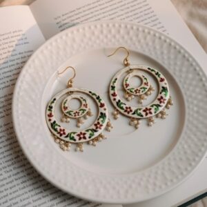 white meenakari floral hoop earrings with pearl drops | handmade ethnic dangle earrings