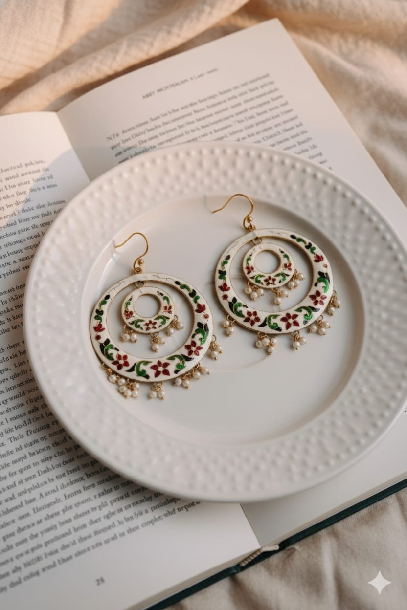 white meenakari floral hoop earrings with pearl drops | handmade ethnic dangle earrings white meenakari floral hoop earrings with pearl drops | handmade ethnic dangle earrings