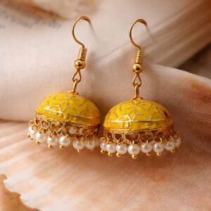 yellow meenakari jhumka earrings for women | pearl drop traditional ethnic earrings