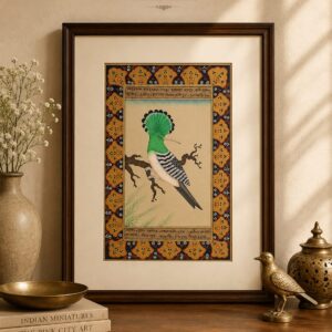 heritage green crested bird – indian miniature painting