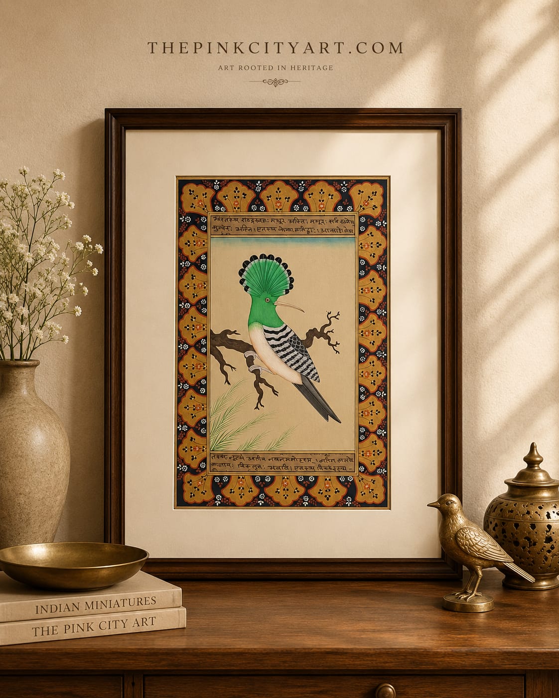 heritage green crested bird – indian miniature painting heritage green crested bird – indian miniature painting
