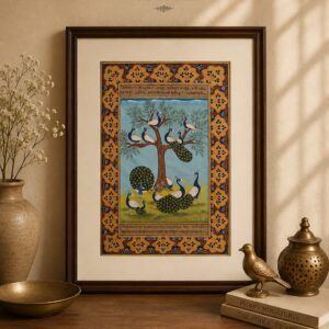 royal peacock garden – traditional indian miniature painting